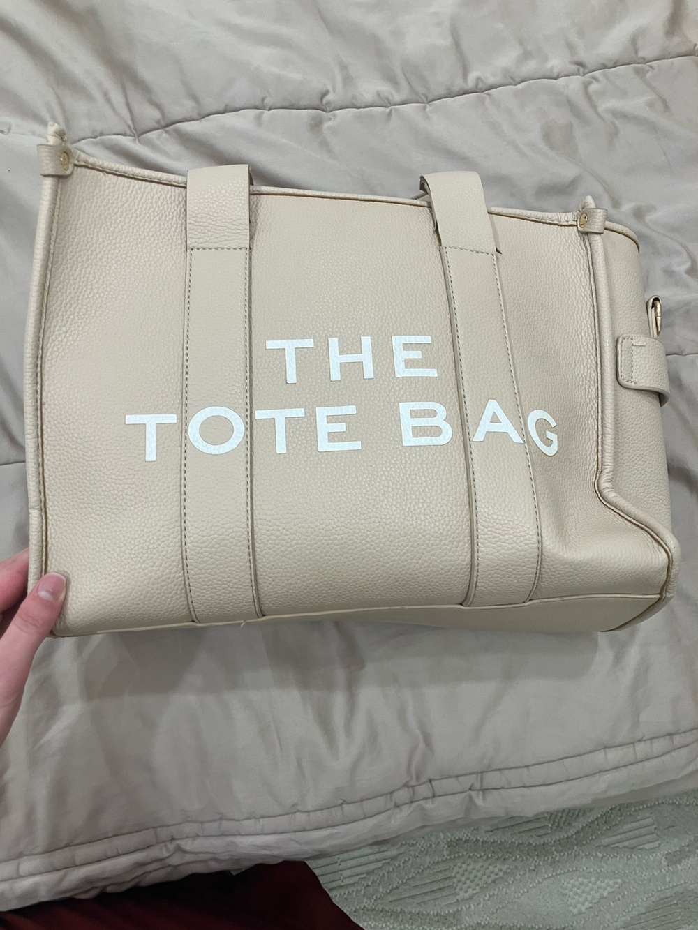 Neutral Beige Pebbled Tote Bag with White Lettering